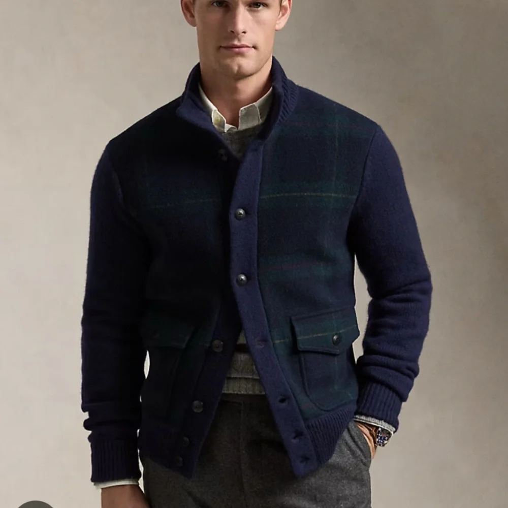 Vintage 80s Polo Ralph Lauren Plaid Wool & Alpaca Cardigan Sweater Jacket Blue